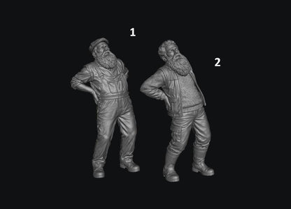 Two unpainted grey 3D resin scale model figures of elderly men with beards holding their aching backs.