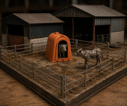 Model of a farm scene with a cow inside an orange shelter and another cow standing outside.