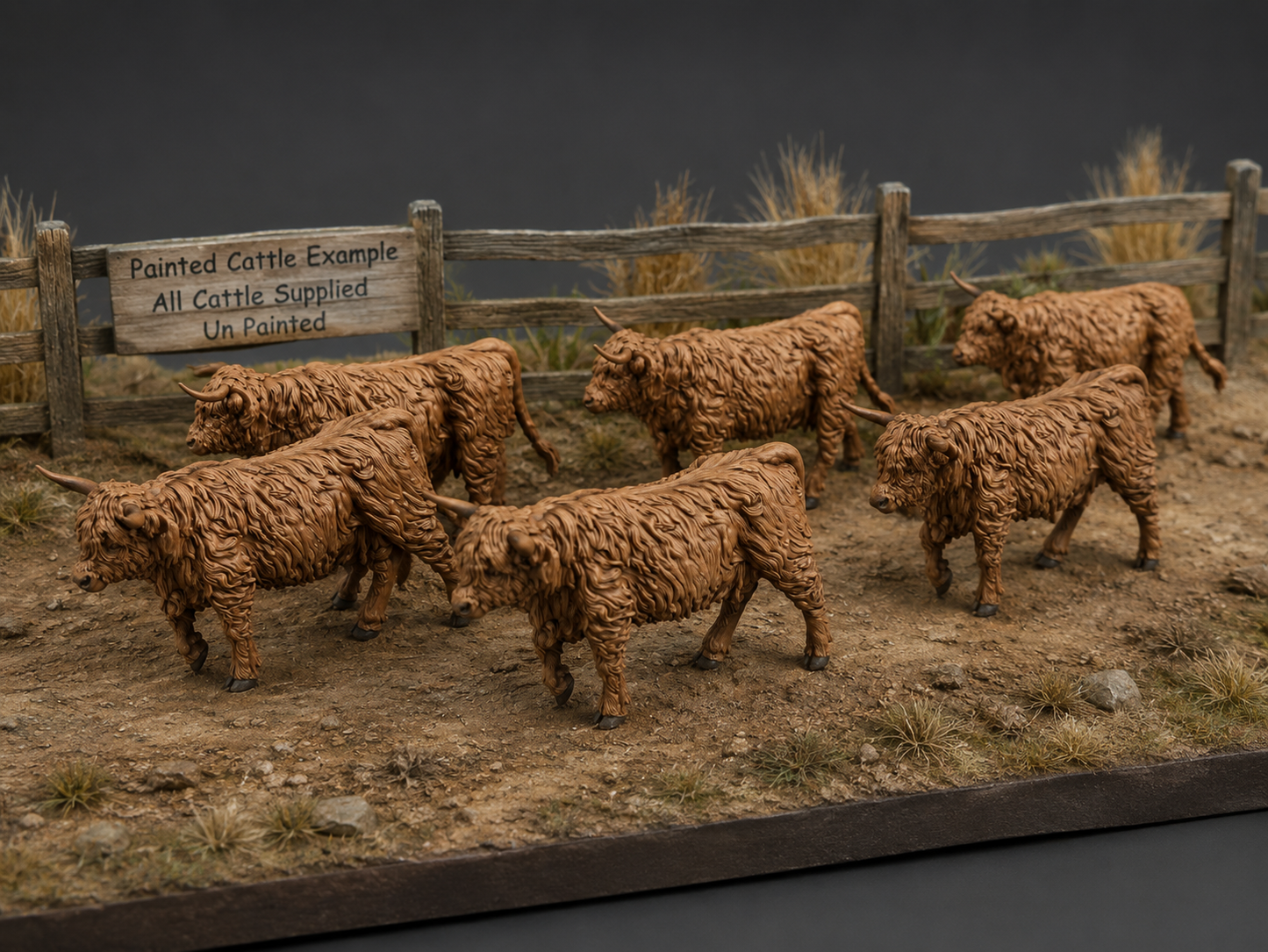 Model of painted Highland cattle in a fenced area with a sign indicating painted vs. unpainted cattle.