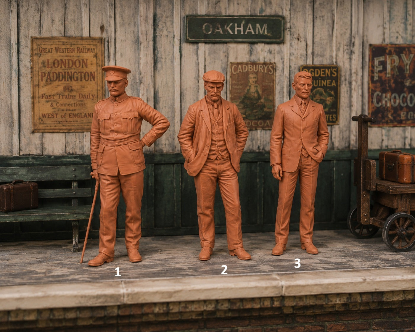 Three figures in vintage attire on a platform with retro signs in the background