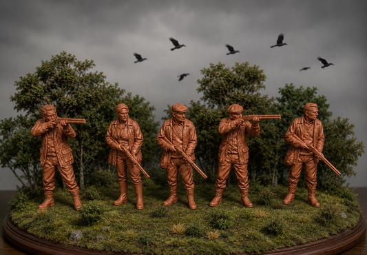 Bronze figurines of hunters with rifles on a natural background
