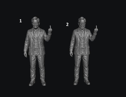 Two unpainted grey resin 3D scale model men in suits giving the middle finger, shown as numbered digital renders.