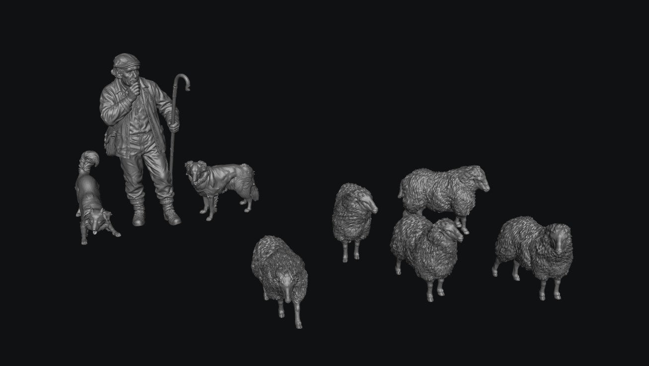 A set of gray 3D-rendered miniature figurines depicting a shepherd with a staff, a dog, and several sheep, displayed against a solid black background.