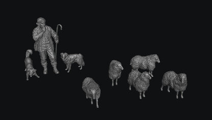 A set of gray 3D-rendered miniature figurines depicting a shepherd with a staff, a dog, and several sheep, displayed against a solid black background.