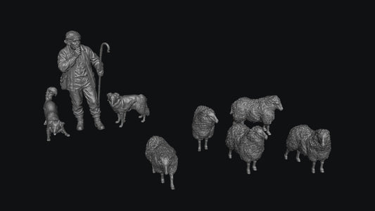A set of gray 3D-rendered miniature figurines depicting a shepherd with a staff, a dog, and several sheep, displayed against a solid black background.