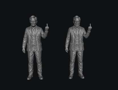 Two unpainted grey resin scale model figures of men in suits giving the middle finger, 3D printed design.