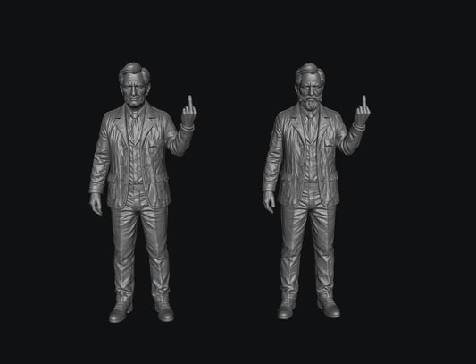 Two unpainted grey resin scale model figures of men in suits giving the middle finger, 3D printed design.
