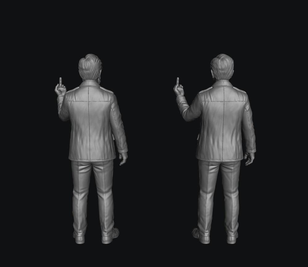 Two unpainted grey 3D-printed miniature men in jackets, seen from behind, each gesturing with a middle finger.