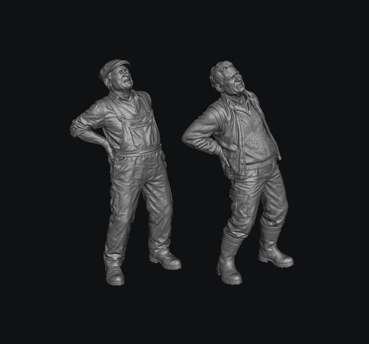 Two unpainted grey resin 3D printed miniature figures of male farmers holding their backs in pain.