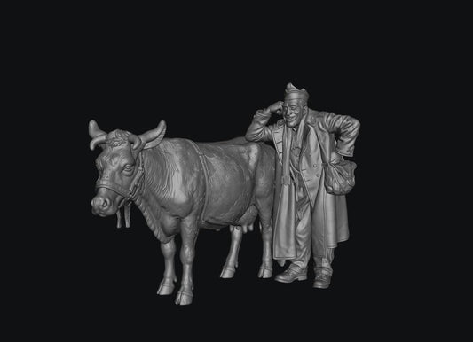 SW8307 1940's Farmer Leaning on Diary Cow 1:35/1:32 Scale 'Hand Painted'