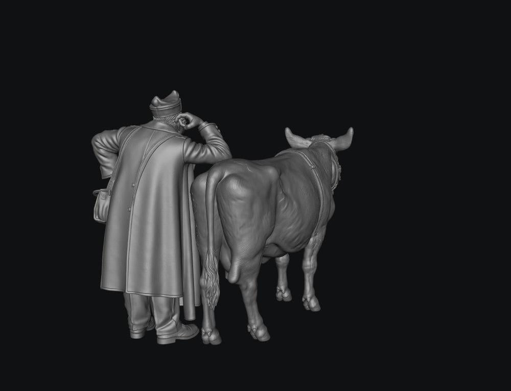 SW8307 1940's Farmer Leaning on Diary Cow 1:35/1:32 Scale 'Hand Painted'