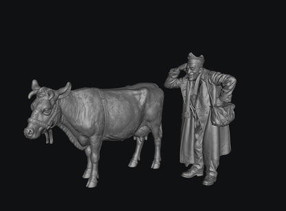 SW8307 1940's Farmer Leaning on Diary Cow 1:35/1:32 Scale 'Hand Painted'