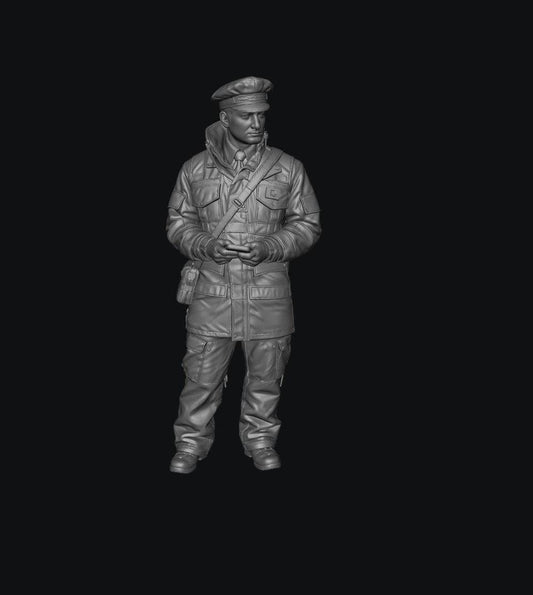 Unpainted grey resin 3D model of a male traffic warden in uniform with a peaked cap, jacket, and shoulder bag.