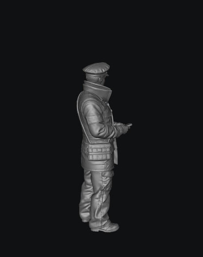 3D render of a grey unpainted male traffic warden scale model wearing a uniform, cap, and shoulder bag.