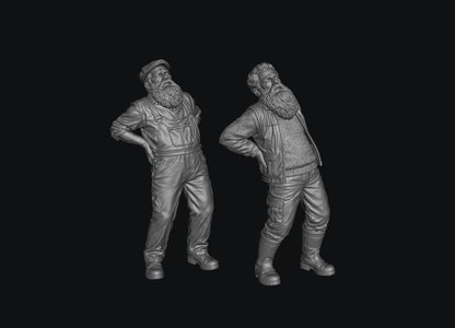 Two unpainted grey resin 3D printed miniature figures of elderly men with beards holding their aching backs.