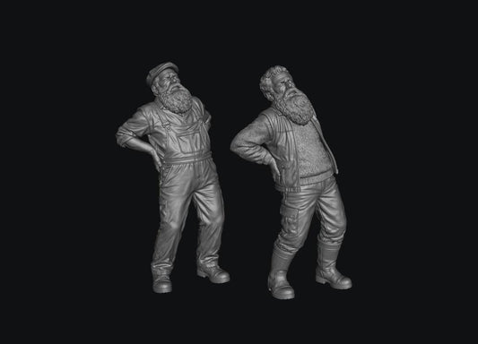 Two unpainted grey resin 3D printed miniature figures of elderly men with beards holding their aching backs.